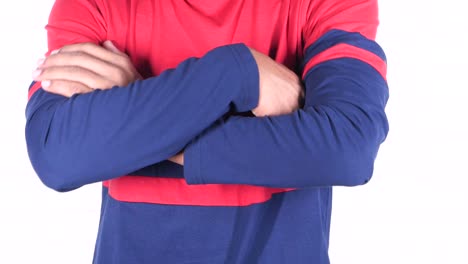 man in red and blue color block long sleeve shirt