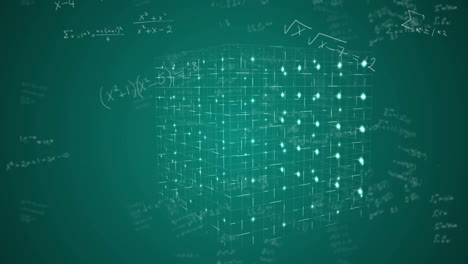 animation of glowing digital cube with mathematical equations on green background