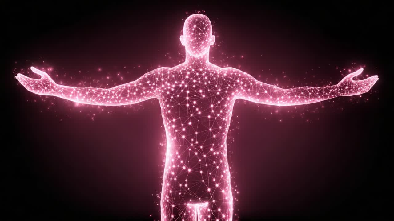 光とエネルギーを放つ輝かしい姿。両腕を広げて宇宙を抱擁する人物の息をのむようなデジタル表現を通して、人間の可能性を称えています。