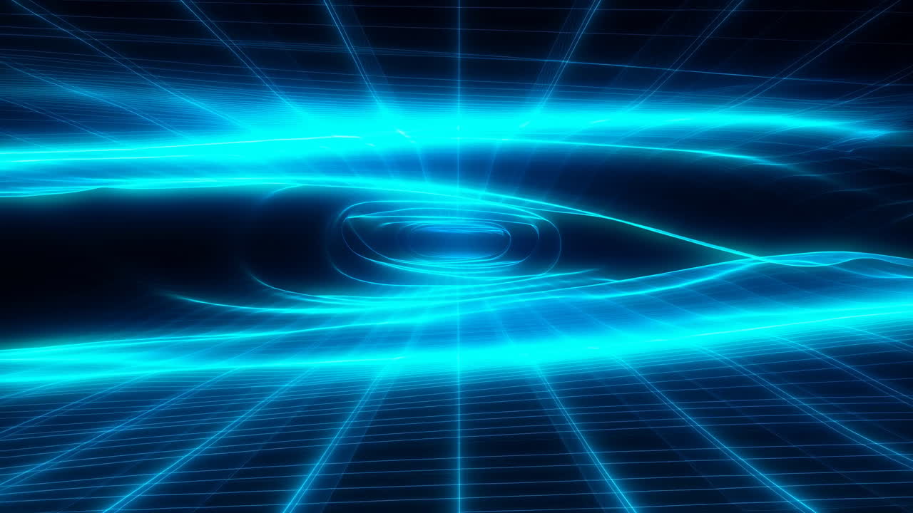Abstract Blue Glowing Grid Tunnel Moving in Digital Cyberspace