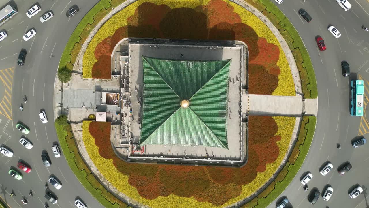 Bird's Eye View aerial shot of the ancient Bell Tower during daytime in Xi'an City, Shaanxi Province, China