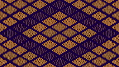 chinese pattern abstract line 3d virtual isometric lighting moving, vintage mix modern technology concept design, glowing on dark blue background seamless looping animation 4k with matte alpha channel