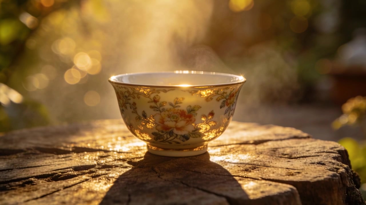 Sunbeam intensifying, steaming ornate porcelain teacup warming on tree stump in garden, bokeh