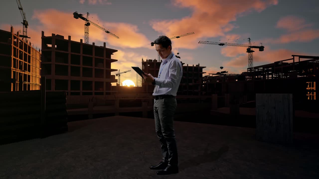 Vista lateral de cuerpo entero de un trabajador profesional asiático de pie con su tablet en una obra en construcción de una nueva casa, trabajando continuamente con su tablet