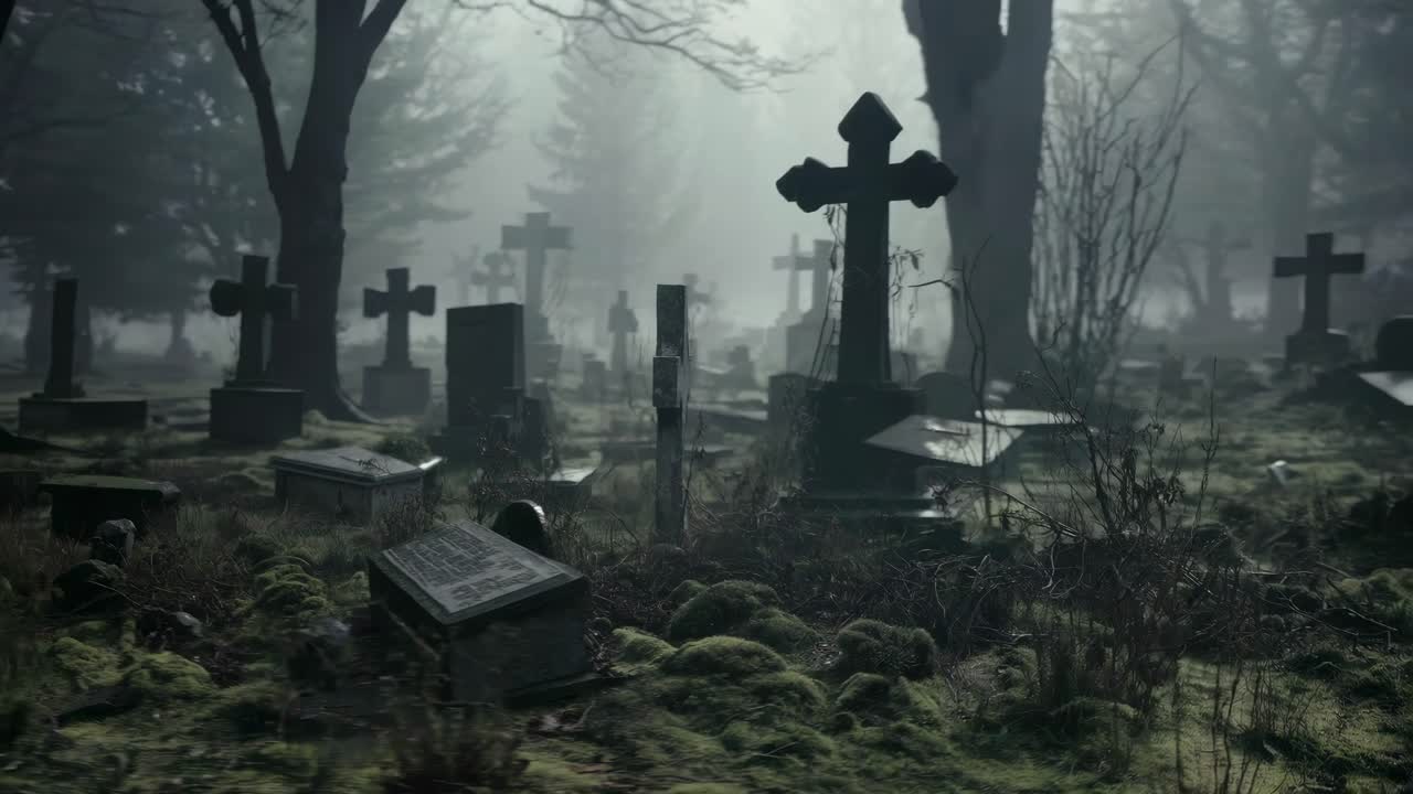 Eerie graveyard scene with fog and tilted tombstones, captured at a low angle