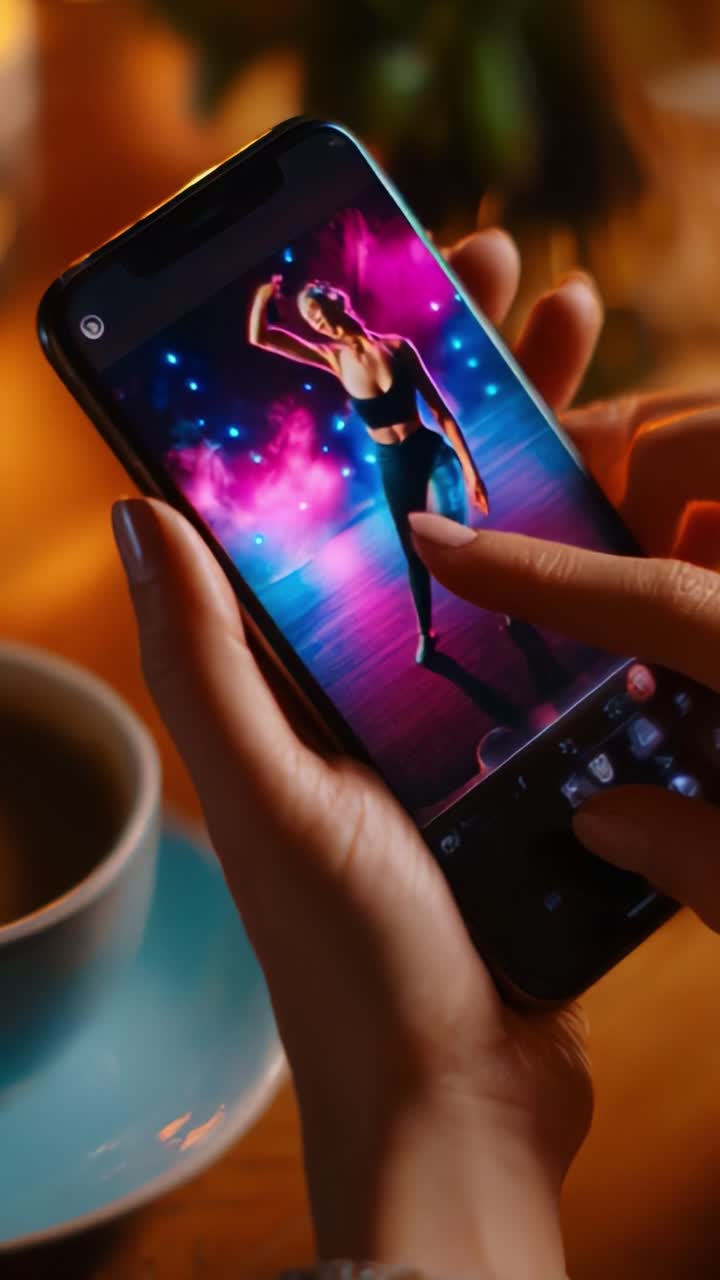 Un primo piano di mani che tengono uno smartphone che mostra una vivace foto a tema danza. L'immagine presenta effetti di illuminazione dinamici e mette in risalto una ballerina sicura di sé su uno sfondo colorato.
