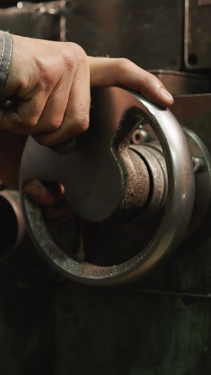 la mano del trabajador en una rueda de torno con maquinaria industrial en un taller de metalurgia