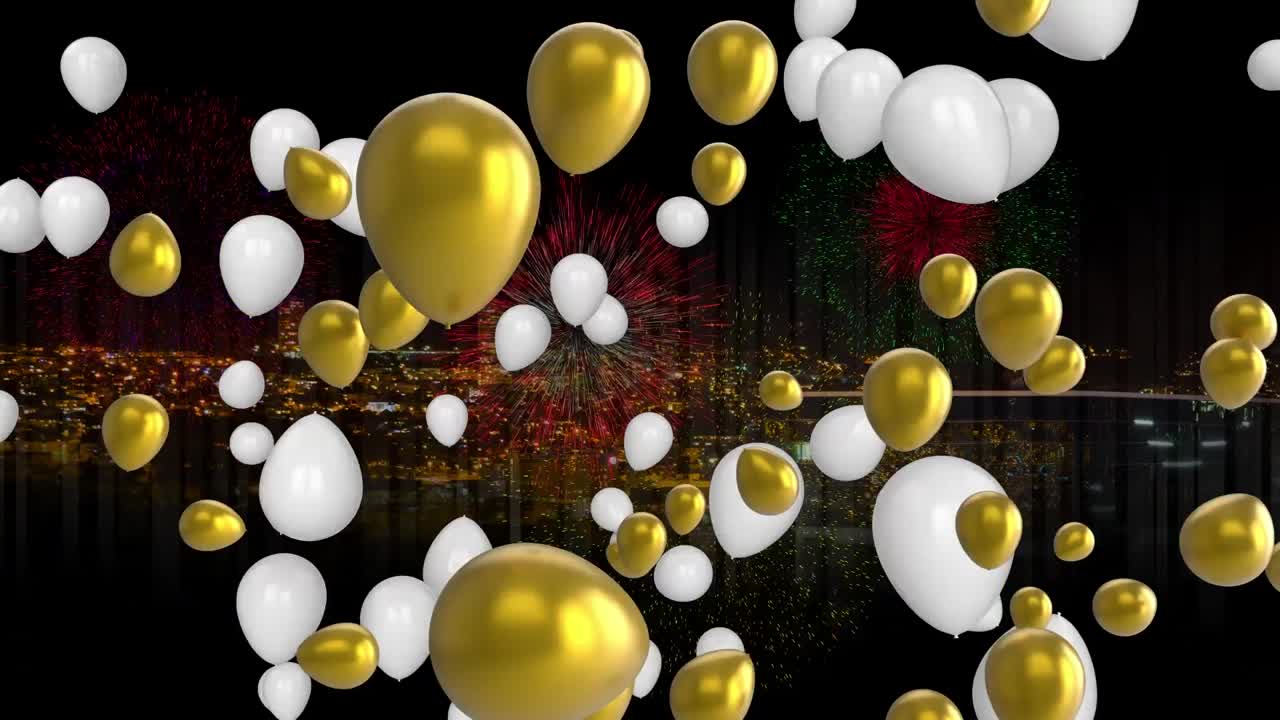 animación de globos y fuegos artificiales sobre el paisaje urbano por la noche
