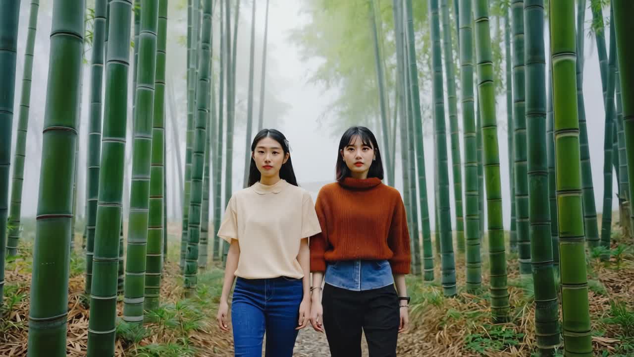 Two young women walking hand in hand through a misty bamboo forest, embracing the serene atmosphere and tranquility of nature while enjoying their peaceful journey together