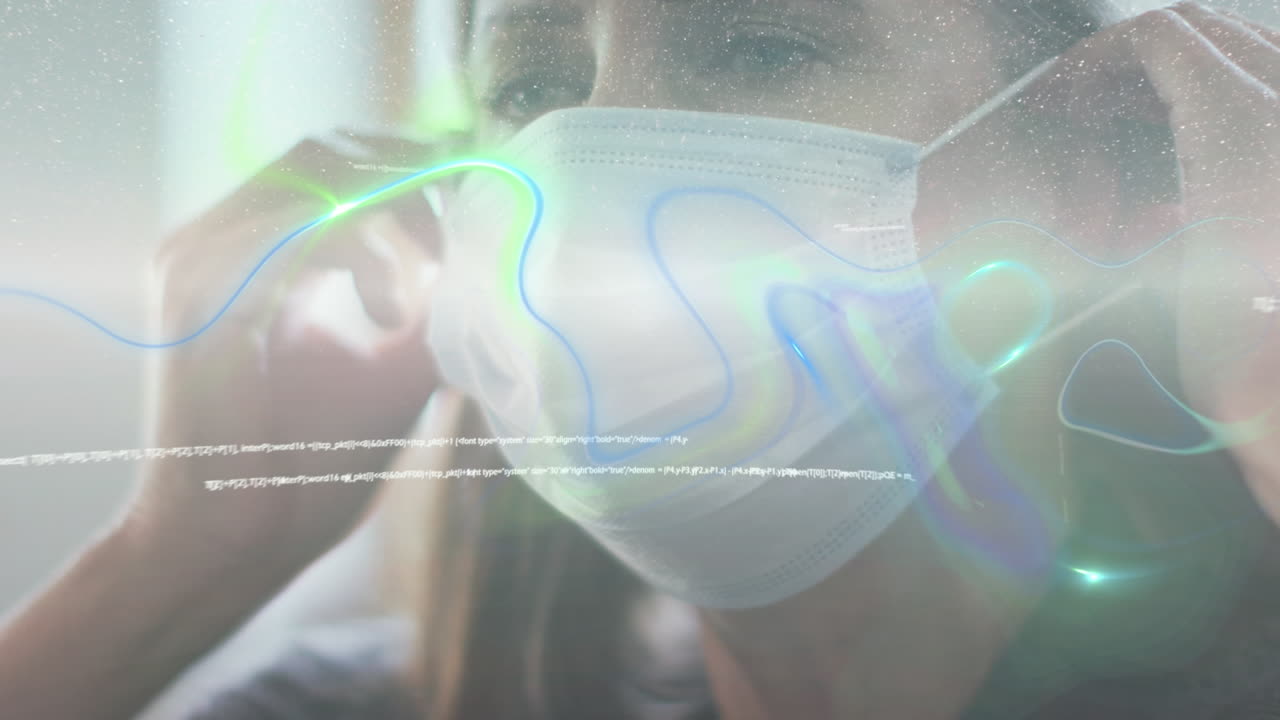 얼굴 마스크를 쓰고 있는 백인 여성에 대한 데이터 처리 애니메이션
