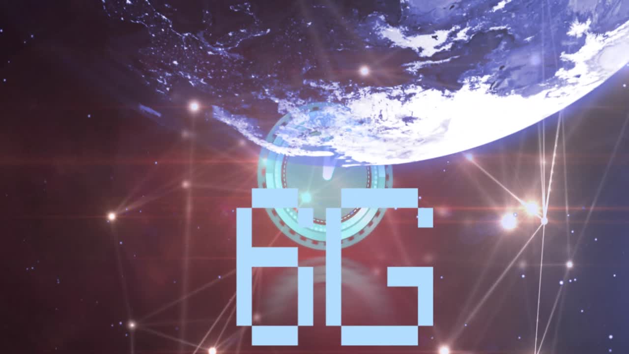6g 텍스트와 틱틱 시계의 애니메이션 네트워크 연결 및 빨간 배경에 대한 지구