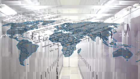 animation of computer language and map over data server room