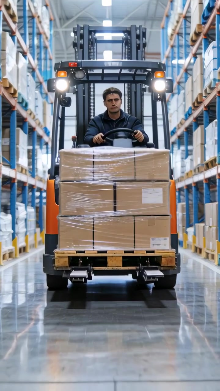 Video verticale: Autista che guida un carrello elevatore, luci che si accendono, spostando un pallet lungo il corridoio di un magazzino.