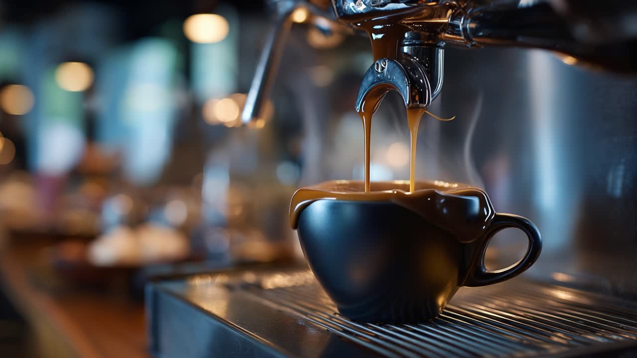 Caffè scuro si versa dalla macchina nella tazza. Gli strumenti fumanti del barista brillano in una luce soffusa. L'attenzione è sul getto ricco e lento. Momento di caffeina catturato nell'immobilità. Ideale per caffè, colazione.