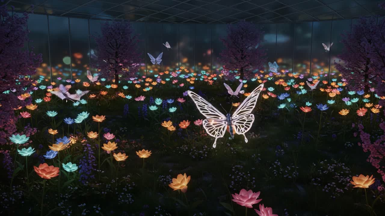 A Magical Escape: Illuminated Butterflies Dancing Among Vibrant Flowers in a Dreamlike Garden Sanctuary