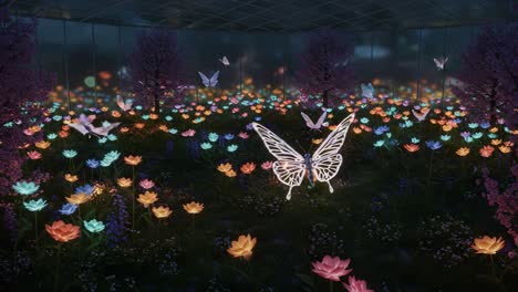 a magical escape: illuminated butterflies dancing among vibrant flowers in a dreamlike garden sanctuary