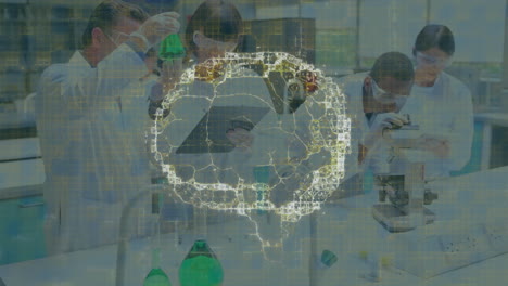 animación del cerebro humano y procesamiento de datos científicos sobre diversos científicos en el laboratorio