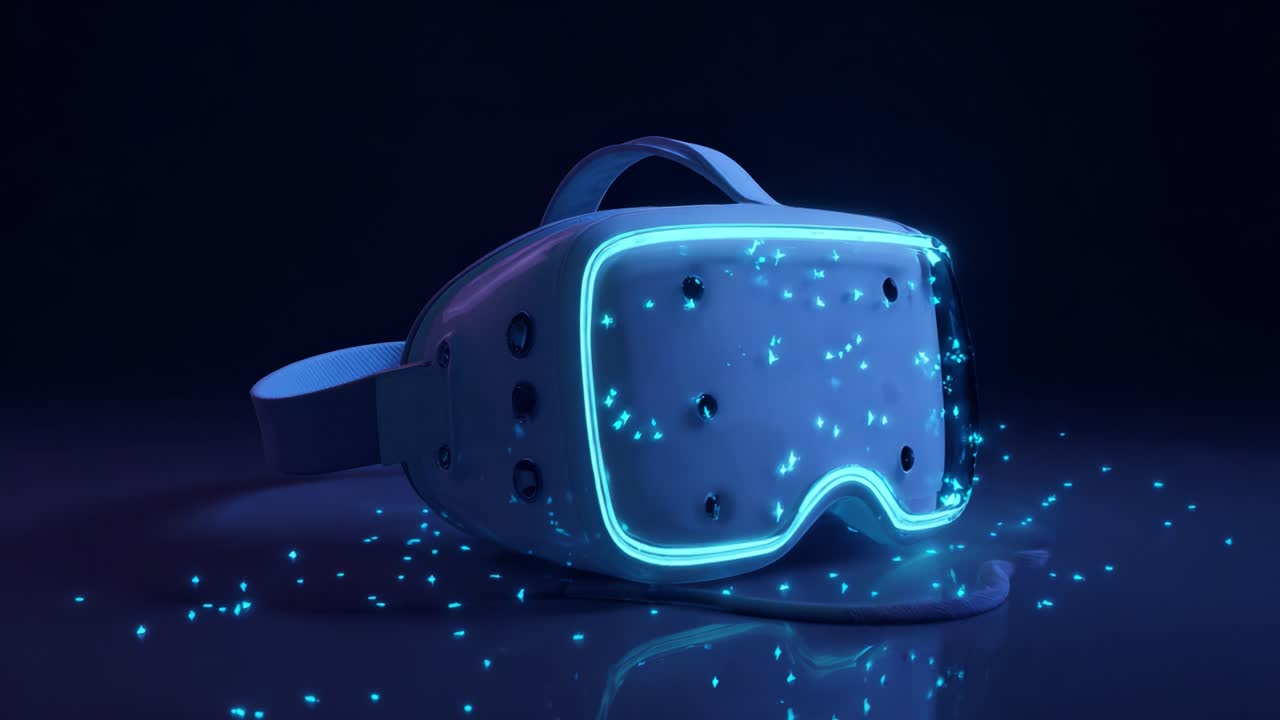 Futuristic Virtual Reality Headset Enveloped in Glowing Particles, Showcasing Immersive Technology and Innovative Design for Enhanced Gaming Experiences in a Digital World