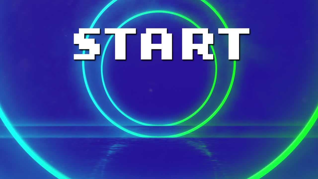 animación del texto de inicio sobre círculos de neón y fondo púrpura.