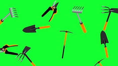 working gardening tools elements  animation, seamless loop on green screen chroma key