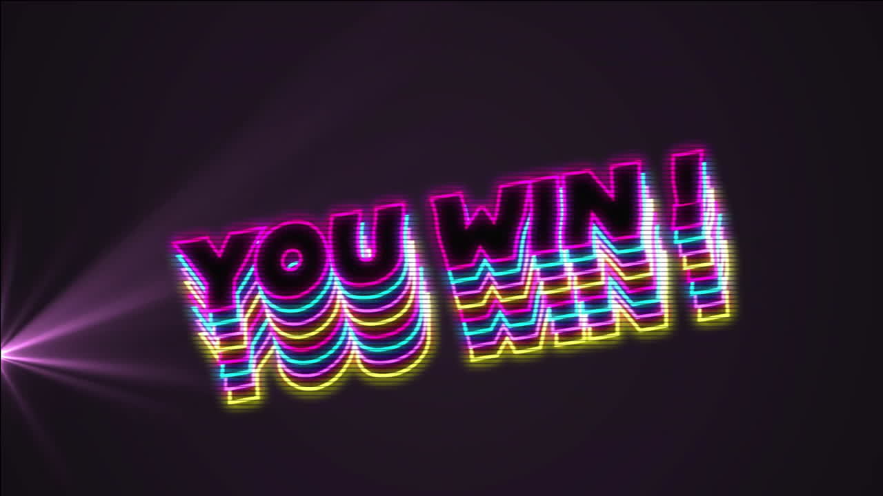 Animation of you win text over light trails on black background