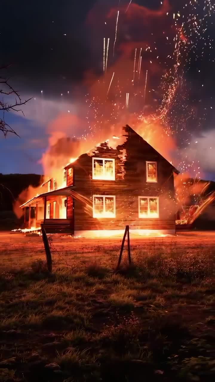 Video drammatico di una casa avvolta dalle fiamme, ripreso dal basso di notte.