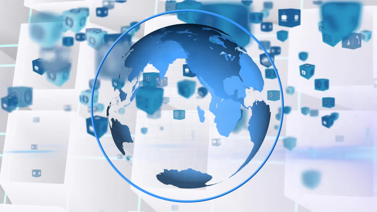 백색 배경에 맞춰 사각형 위에 있는 3d 큐브의 원형 지구와 아이콘의 애니메이션