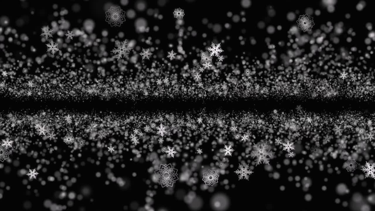 Abstract animation of stylized white snowflakes and particles streaming upwards and downwards from center line on black. Seamless loop for dynamic winter or holiday visuals