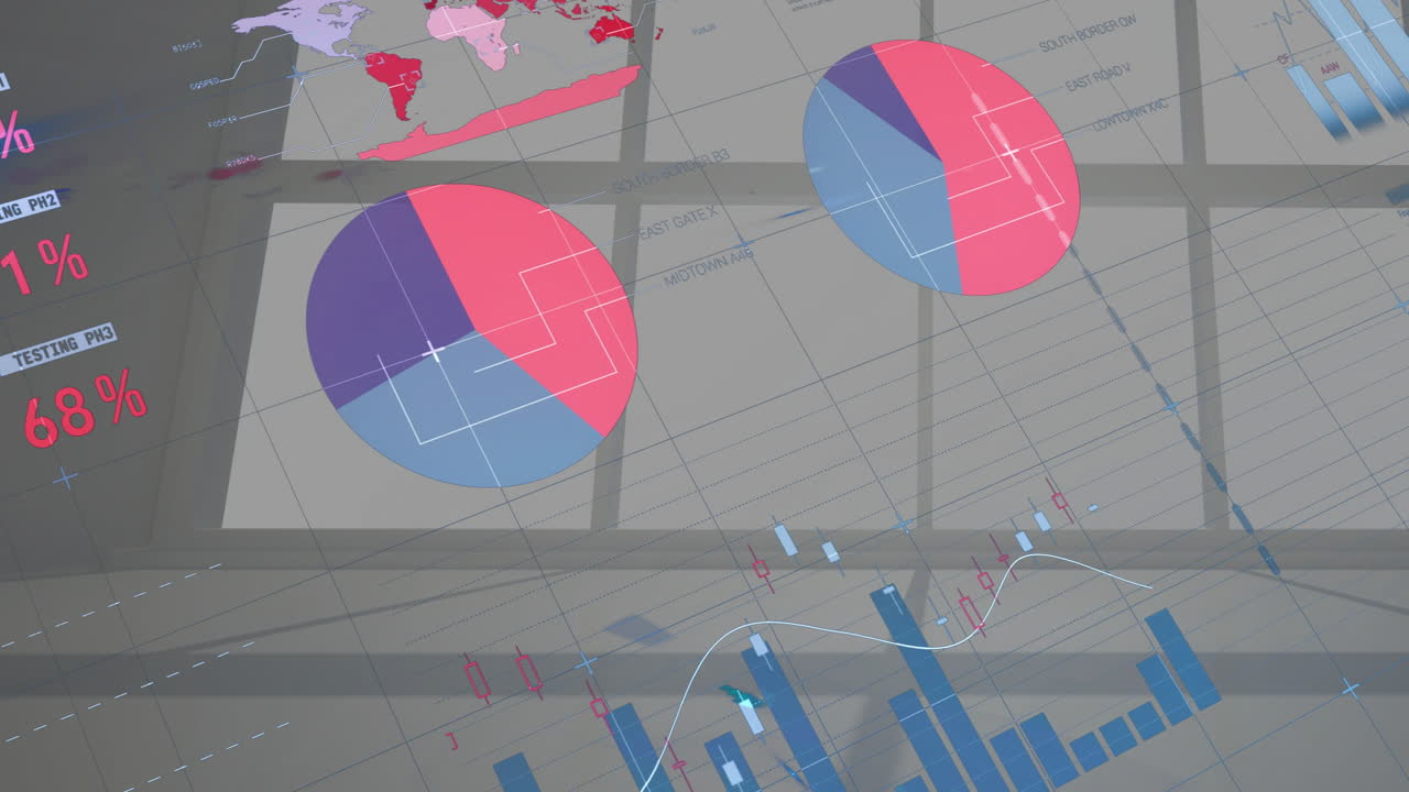 Animation of colorful charts and graphs overlaying world map with financial data