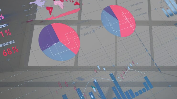 Animation of colorful charts and graphs overlaying world map with financial data