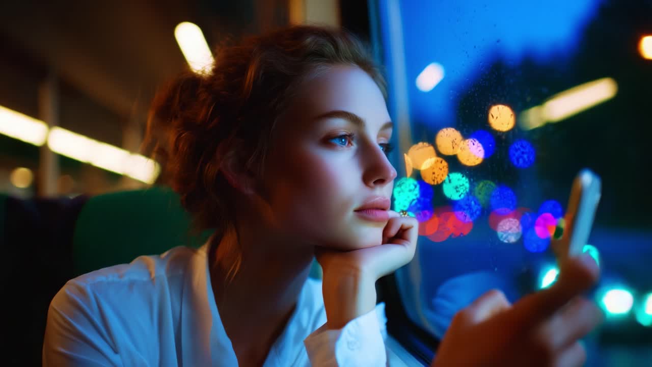 Contemplative Young Woman Gazing Out of Train Window While Holding a Smartphone in a Dimly Lit Environment, Capturing Moments of Reflection and Connection Amidst Urban Lights at Night