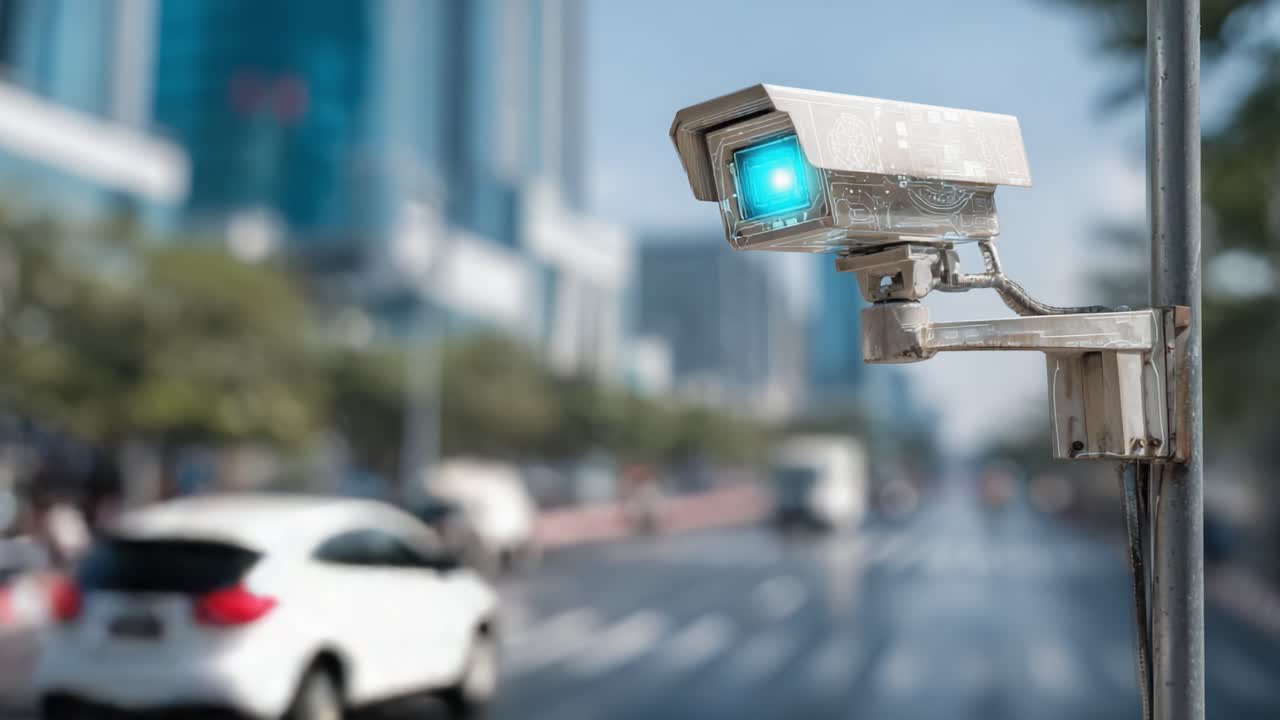 This video captures the evolution of street surveillance, highlighting the security camera's functionality as it monitors urban traffic and surroundings