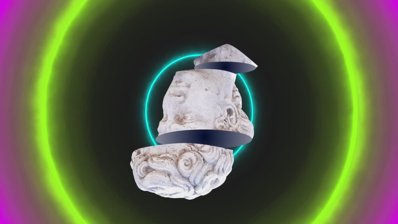 animación de una antigua escultura de cabeza cortada sobre círculos de neón sobre fondo negro