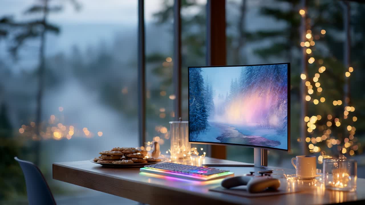 Serene Winter Workspace: A Cozy Desk Displaying a Colorful Monitor Amidst Twinkling Lights and Hot Beverages, Surrounded by Nature's Beauty and Delicious Cookies, Perfect for Inspiration and Relaxation