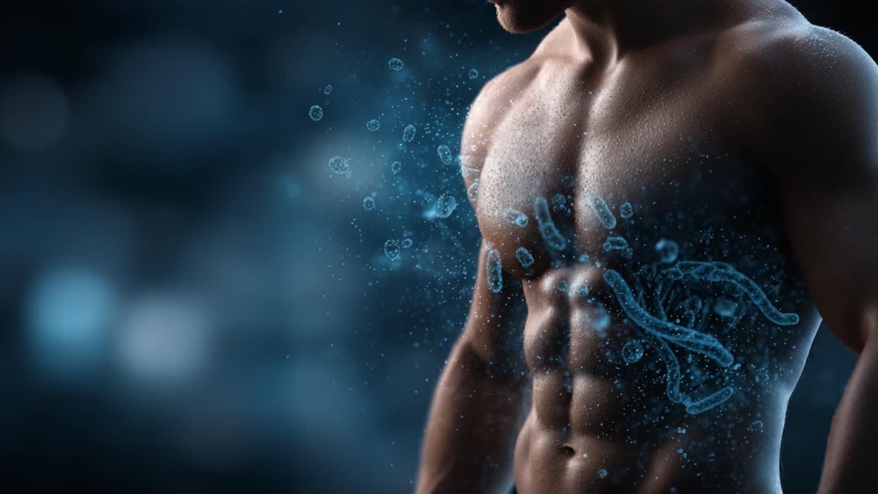 Una rappresentazione artistica surreale dell'anatomia umana, che mostra la muscolatura evidenziata ed elementi visivi astratti attorno a una figura maschile in forma in movimento
