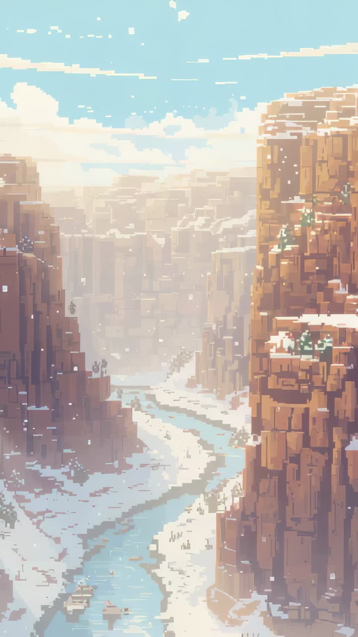 Vertical video: Panning camera revealing pixel-art canyon river and cliffs to show depth