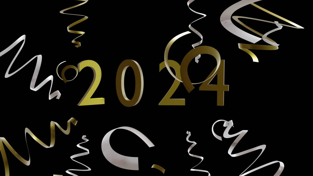 animación de texto de 2024, rayas doradas y plateadas sobre fondo negro