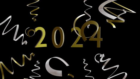 Animation-Des-Textes-2024,-Goldene-Und-Silberne-Luftschlangen-Auf-Schwarzem-Hintergrund