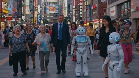 a vibrant street scene showcasing human-robot interaction, as diverse groups stroll together, blending technology with daily life in an urban environment