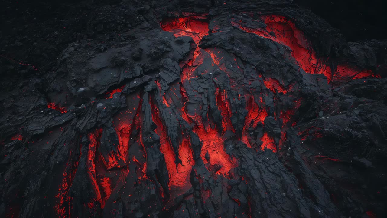 Lava fusa incandescente e crosta basaltica fratturata che si sposta mentre il magma si muove di notte, mostrando le fessure