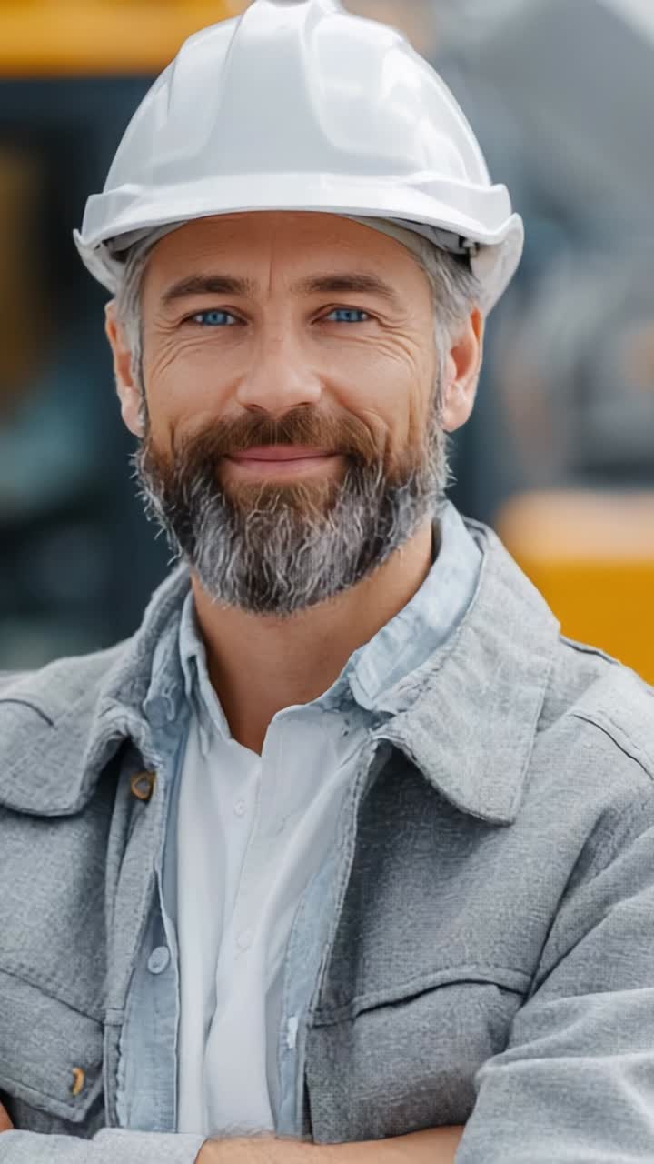 Professional Construction Worker Smiling Confidently in Hard Hat and Safety Gear, Showcasing Dedication and Expertise on the Job Site