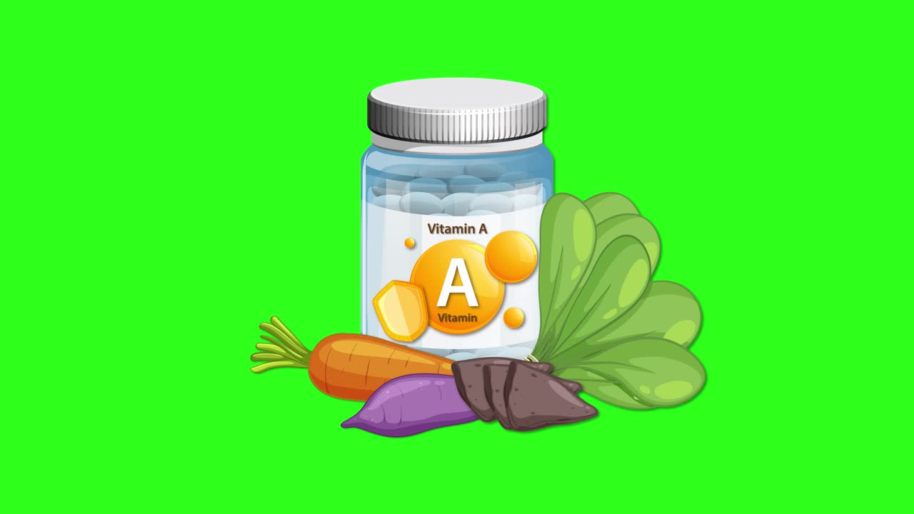 Vitamin A supplement bottle and vegetables smoothly appear together on vibrant green chroma key background