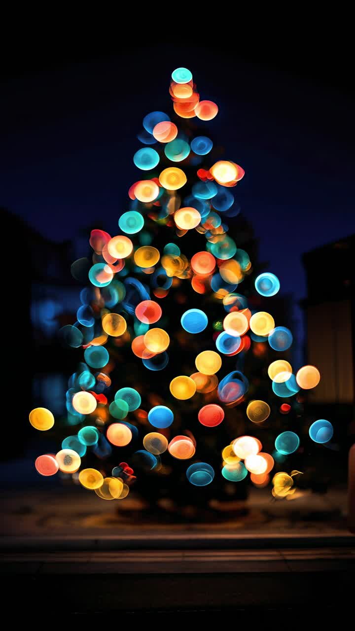 Bokeh style video of a colorful Christmas tree, captured from a low angle, creating a dreamy effect