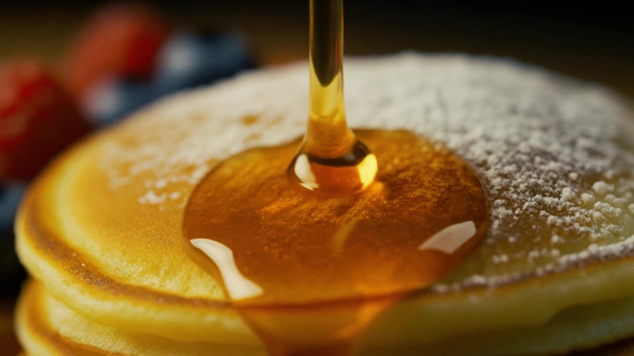 Maple Syrup Pouring Over Fresh Pancakes with Powdered Sugar