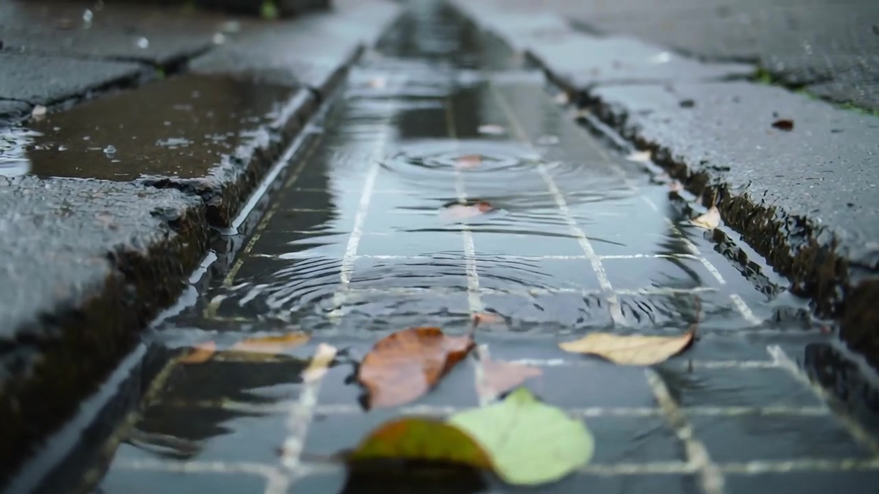 Raindrops striking tile-lined gutter at curb forming ripples and drifting leaves toward camera