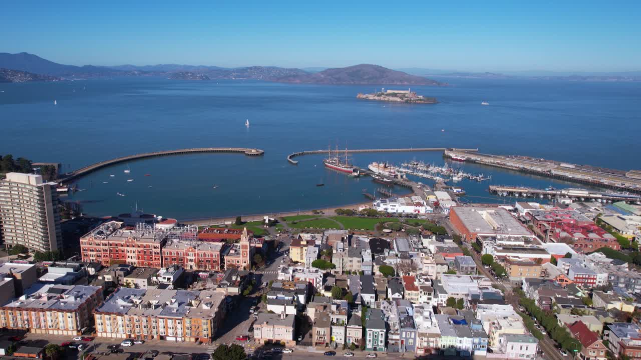 Aerial view of San Francisco Bay, Alcatraz Island, and city buildings