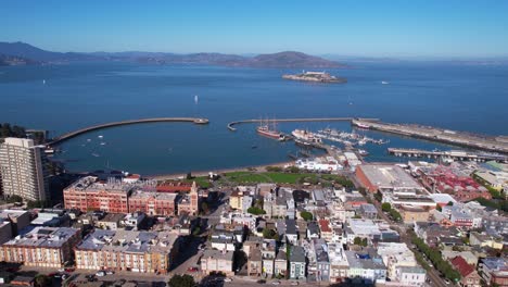 aerial view of san francisco bay, alcatraz island, and city buildings