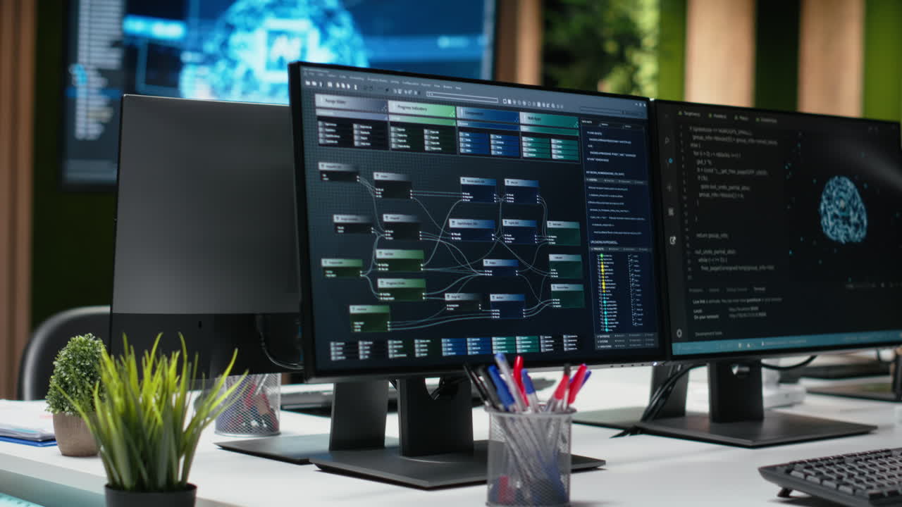 Empty Office Desk with Multiple Monitors Displaying AI Code
