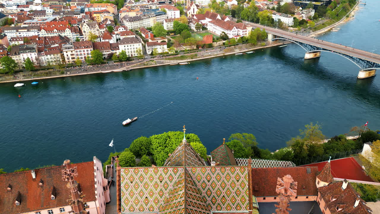 Aerial, drone view of the Basler Munster Cathedral in Basel, Switzerland