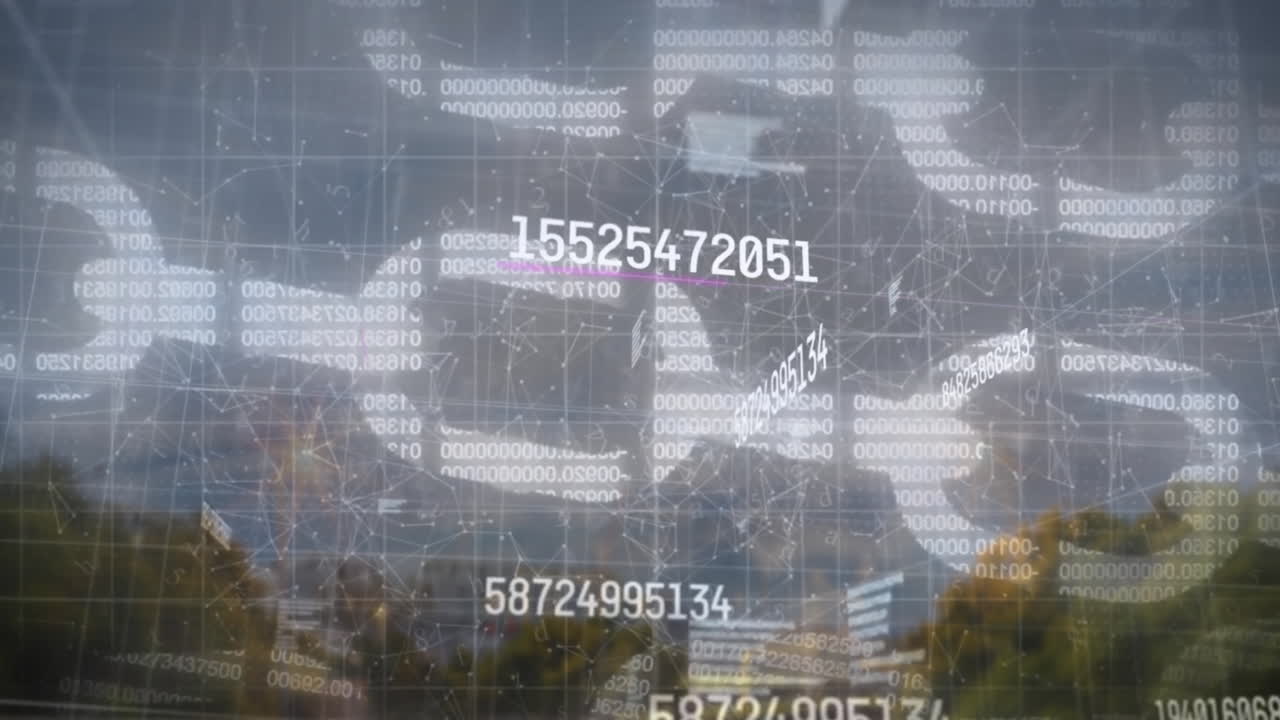 도시 풍경 위의 금융 데이터 처리 애니메이션